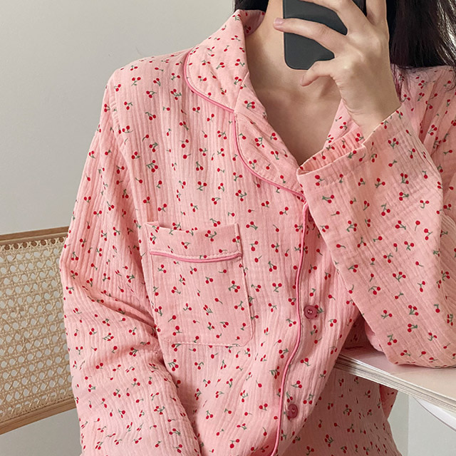 앵두 체리 무늬 아이보리 핑크 블루 코튼 거즈 홈웨어 잠옷 파자마 세트