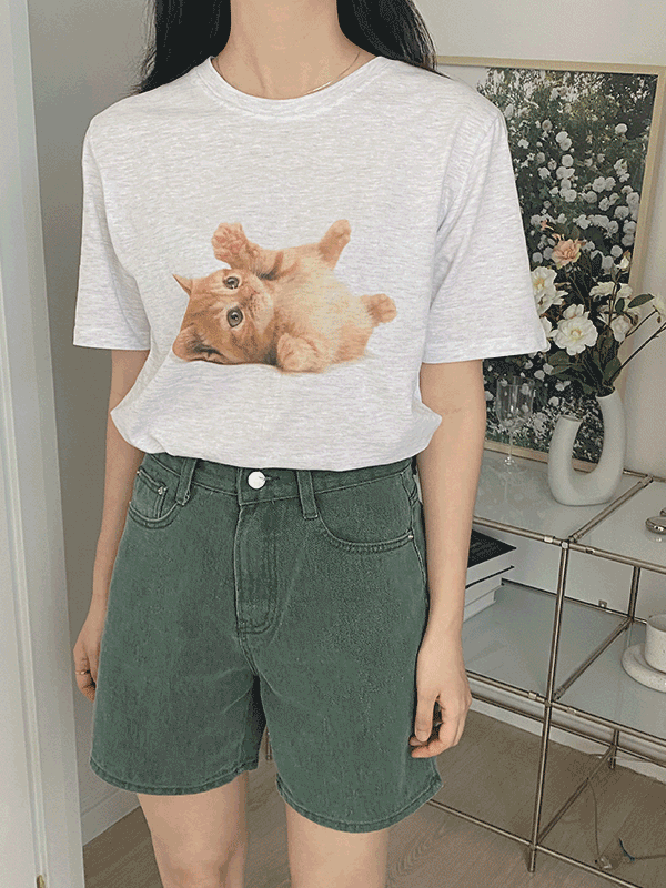 프린팅 고양이 반팔 티셔츠
